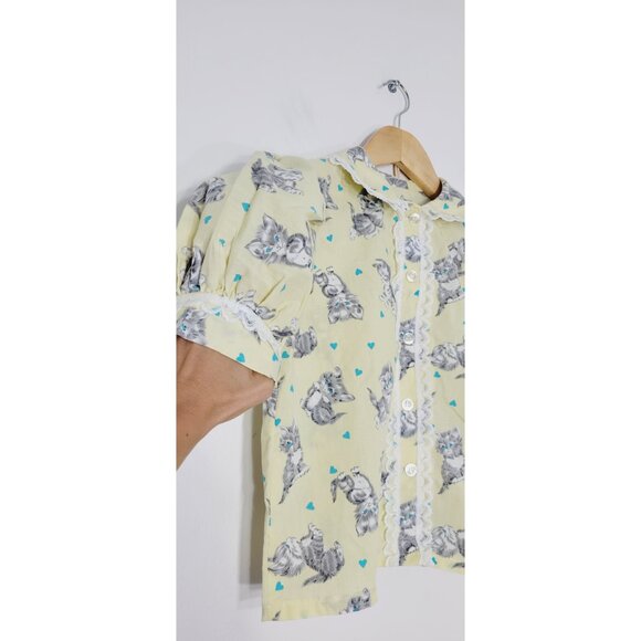 Handmade Yellow Set Gray Cats Print Button Down Blouse Puffy Sleeves Skirt Set - Picture 4 of 14